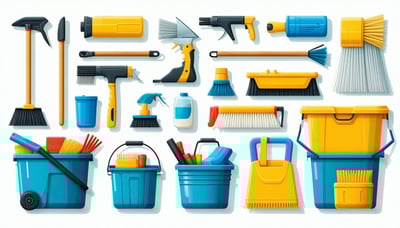 Illustration of a tidy and organized home with cleaning and handyman tools Illustration of a tidy and organized home with cleaning and handyman tools